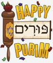 Jewish Scroll of Esther under Confetti to Celebrate Purim, Vector Illustration Royalty Free Stock Photo