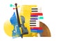 Poster. Contemporary art collage. Abstract artwork of violin, colorful piano keys and vinyl record, symbolizing fusion