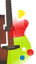 Poster. Contemporary art collage. Acoustic guitar with drawn elements on guitar's body. Creative musical expression.