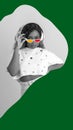 Poster. Contemporary art collage. Black and white portrait of young beautiful lady in headphones and drawn sunglasses Royalty Free Stock Photo