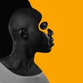 Poster. Contemporary art collage. Black-white profile portrait of young confident African-American man highlighted Royalty Free Stock Photo