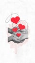 Poster. Contemporary art collage. Children and parents. Hands wrap around the hands from which cute red hearts fly out.