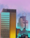 Poster, Contemporary art collage. City skyline with buildings illuminated in neon cyan and yellow, contrasting with Royalty Free Stock Photo