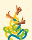 Poster. Contemporary art collage. Creative modern artwork. Cropped three hands with thumb up and green, blue and yellow