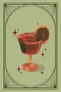 Poster. Contemporary art collage. Creative retro artwork. Perfect sweet and sour Cosmopolitan cocktail in retro color