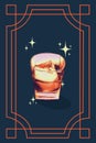 Poster. Contemporary art collage. Creative retro artwork. Strong alcoholic drink with ice in glass in retro color filter