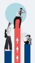 Poster. Contemporary art collage. Depiction of people on different career stairs and their different reaction on