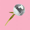 Poster. Contemporary art collage. Flower with discoball instead of bud against pastel pink background.