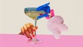 Poster. Contemporary art collage. Hand reaches for cocktail with strange girl in cocktail glass with hare's head