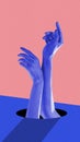 Poster. Contemporary art collage. hands in blue monochrome filter reaching up from hole against blue pink background.