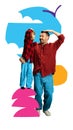 Poster. Contemporary art collage. Little daughter play with dad against backdrop of colorful shapes, doodles.