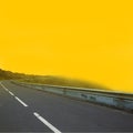 Poster. Contemporary art collage. Long road in neon yellow fog. Urban street style.