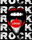 Poster. Contemporary art collage. Loud rock. Female mouth against black background with inscription and speech bubbles Royalty Free Stock Photo