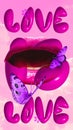 Poster. Contemporary art collage. Love is Love. Female lips with pink lipstick and violet butterflies over painted