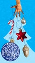 Poster. Contemporary art collage. Modern creative artwork. Human, female hand above fir-tree with New Year toys