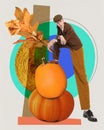 Poster. Contemporary art collage. Modern creative artwork. Young man with long legs leaned on pumpkins against