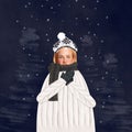 Poster. Contemporary art collage. Modern creative artwork. Young woman dressed in huge warm sweater, gloves, hat