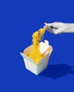 Poster. Contemporary art collage. Modern creative pattern. Monochrome hands holding box with hot delicious vivid yellow