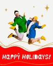 Poster. Contemporary art collage. Modern creative art work. Happy Holidays. Man and woman dressed fashion warm outfit