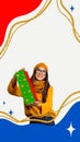 Poster. Contemporary art collage. Modern art work. Delightful, smiling woman holding box of present over creative