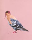 Poster. Contemporary art collage. Peace. Young woman with body of pigeon seating against pink background. Royalty Free Stock Photo