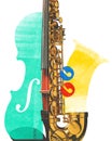 Poster. Contemporary art collage. Sax and violin leaning against each other. Instruments working together to create