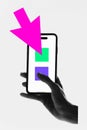 Poster. Contemporary art collage. Silhouetted hand holding smartphone with large pink arrow pointing down to screen with