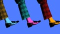 Poster. Contemporary art collage. Three legs in checkered pants in vivid color palette against colorful background Royalty Free Stock Photo