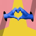 Poster. Contemporary art collage. Two hands, in blue monochrome filter creating heart shape with their fingers. Royalty Free Stock Photo