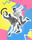 Poster. Contemporary art collage. Two men, hip-hop and rock-n-roll dancer in motion. Trendy magazine style.
