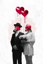 Poster. Contemporary art collage. Two newlyweds, bride and groom in black and white filter, but with red gas masks