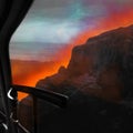 Poster, Contemporary art collage. View from car window showing dramatic neon-lit canyon landscape with vibrant orange