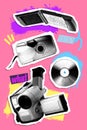 Poster. Contemporary art collage. Vintage cell phone, camera, video camera, and CD against bright pink background
