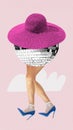 Poster. Contemporary art collage. Woman with disco ball instead of body with pink hat against pink background.