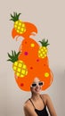 Poster. Contemporary art collage. Woman in sunglasses with dreams in her long drawn orange in shape of tropical fruit