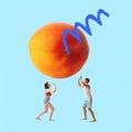 Poster. Contemporary art collage. Young active people, playing beach volleyball with huge peach instead of sport ball