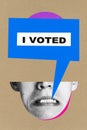 Poster. Contemporary at collage. Cropped scared human face, mouth and teeth, with inscription i voted over craft brown