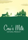 Poster Cow`s Milk natural product. Rural landscape with mill and cows. Dawn in the village.