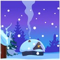 Poster with cozy rustic small hunting lodge with glowing window and smoke from the chimney in winter evening. Sample of