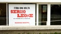 Poster of the current exhibition dedicated to the well-known Italian director Sergio Leone outside the Ara Pacis case-museum in Ro