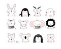 Poster with cute animal portraits for a card, baby shower, sticker for a children s bedroom. Doodle illustration Rabbit, penguin, Royalty Free Stock Photo