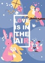 Poster with cute animals in love, cartoon chracters rabbits, foxes and birds. Baby birthday invitation zoo card vector