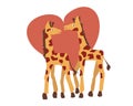 A poster with cute animals. Two stylized giraffes with long necks against a heart background. A declaration of love. Vector