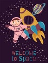 A4 poster with a cute astronaut, rocket and a planet with rings in cartoon style Royalty Free Stock Photo