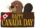 Beaver behind Wooden Sign and Flag for Canada Day, Vector Illustration Royalty Free Stock Photo