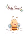 Poster with cute bee, flowers and hunny isolate on a white background