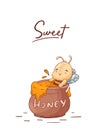 Poster with cute bee, flowers and hunny isolate on a white background. Sweet bee. Vector object in cartoon sketch style