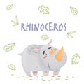 Cute cartoon rhinoceros in jungle on a white backgrount.