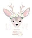 Poster with a cute deer with a wreath of daisies on his head. Delicate postcard with a deer, clip-art for design of nursery, baby