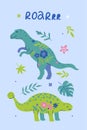 Poster with cute dinosaurs, leaves and flowers. Vector graphics